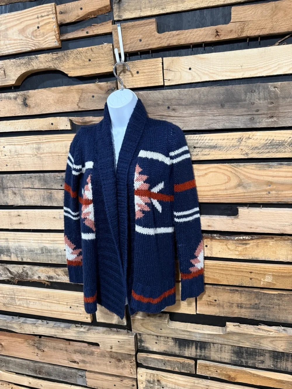 Charming Charlie Navy Southwestern Open Front Knit‎ Boho Cardigan Size Small